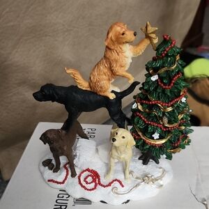 Festive Dog Figurine Set with Christmas Tree